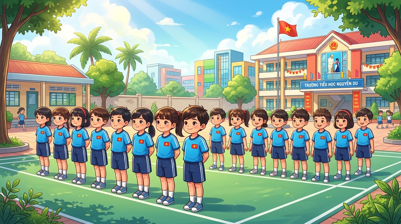 Học sinh tiểu học đứng ngay ngắn, dóng hàng thẳng tắp dưới sự hướng dẫn của giáo viên thể chất.